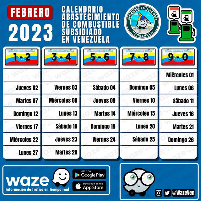 Cronograma de gasolina subsidiada para febrero de 2023. Foto: Waze Venezuela   