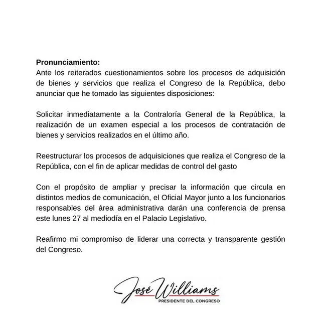  Comunicado de José Williams respecto a los gastos del Congreso. Foto: Twitter   