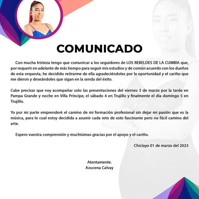 Azucena Calvay explica motivos por los que se retira de Los Rebeldes de la Cumbia. Foto: Instagram 