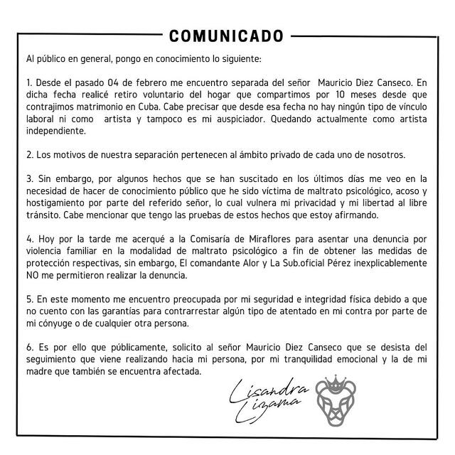  Comunicado de Lisandra Lizama. Foto: Instagram<br>    