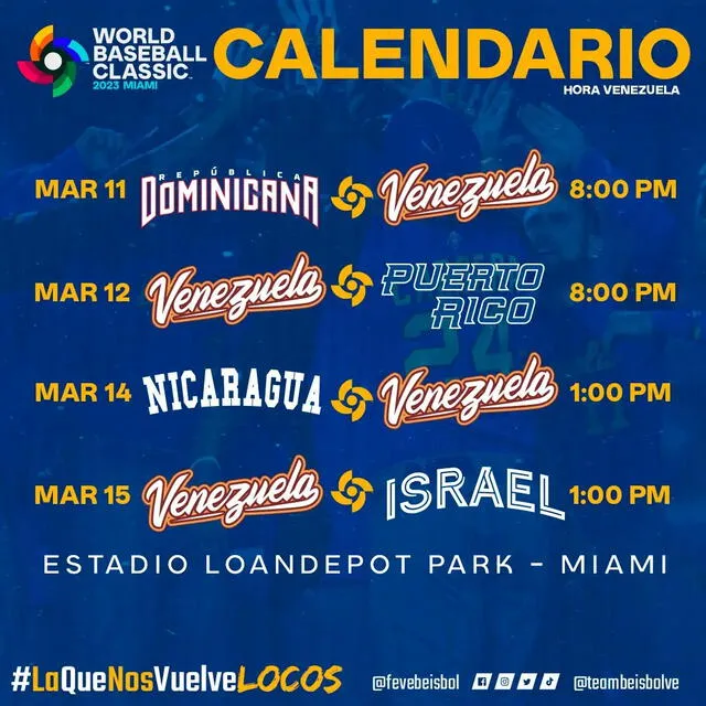Calendario oficial de Venezuela en el Clásico Mundial de Béisbol. Foto: Team Beisbol Venezuela