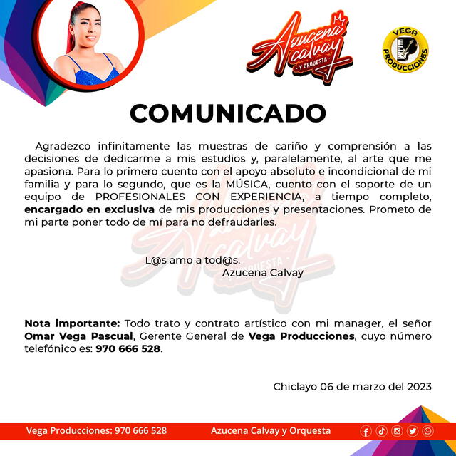  Comunicado de Azucena Calvay. Foto: Instagram   