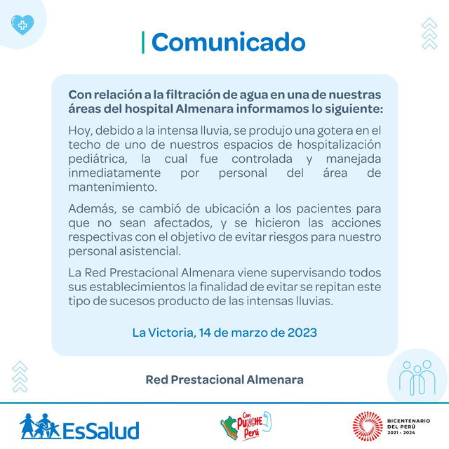 Comunicado de hospital Almenara. Foto: EsSalud 