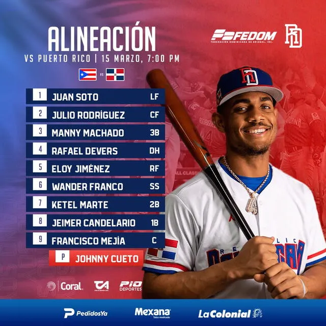 Lineup confirmado de República Dominicana para enfrentar a Puerto Rico hoy, 15 de marzo. Foto: FEDOBE