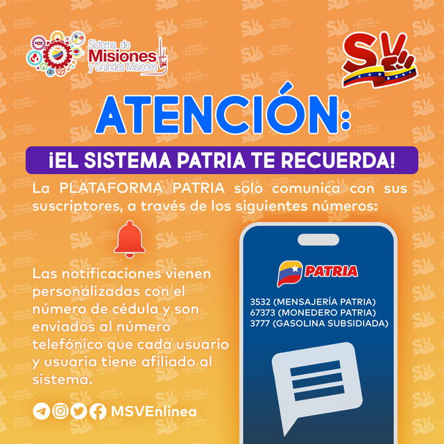  Comunicado del Sistema Patria acerca de sus anuncios a los suscriptores. Foto: Twitter/MSVEnLínea   