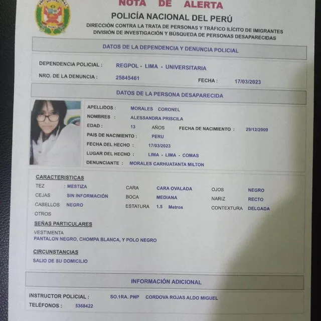  Nota de alerta de la desaparición de Alessandra Morales. Foto: Difusión   