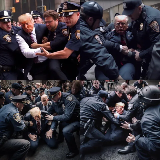 Imágenes creadas por inteligencia artificial sobre el posible arresto de Donald Trump. Foto: @EliotHiggins/Twitter   