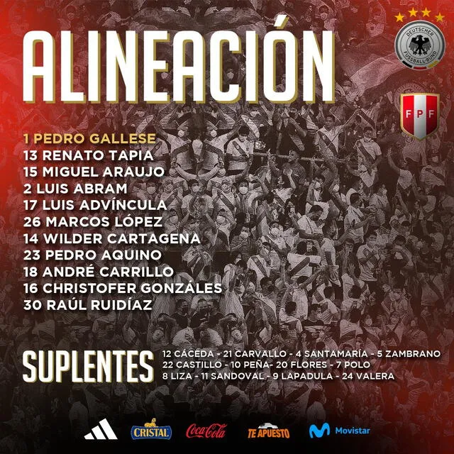 Equipo titular de la Bicolor ante Alemania. Foto: selección peruana   