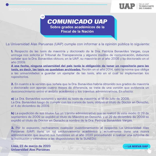 Pronunciamiento de la UAP. Foto: @UAPcomunidad/Twitter   