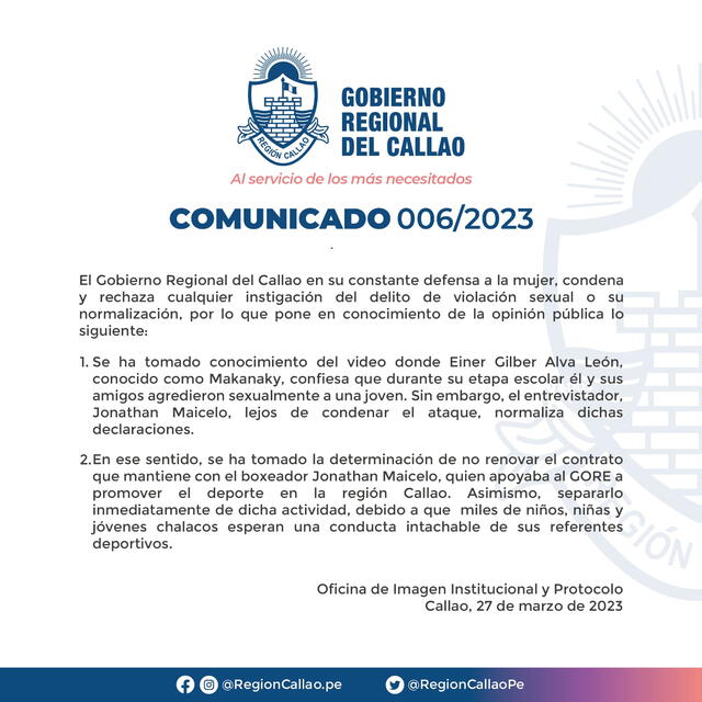  Gobierno Regional del Callao ya no trabajará con Jonathan Maicelo por normalizar violación. Foto: Twitter/GORE Callao   