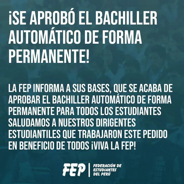  La FEP apoyó la propuesta del Bachiller automático. Imagen: FEP    