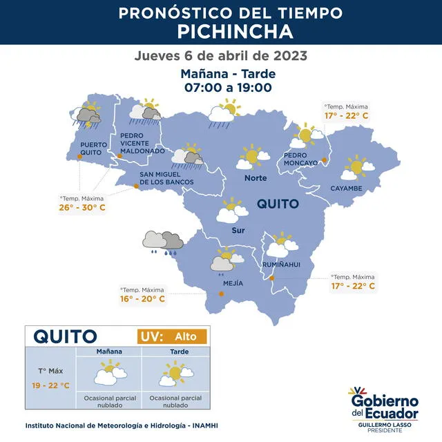 Pronóstico Pichincha Mañana-Tarde de las lluvias en Ecuador de hoy, jueves 6 de abril. Foto: Twitter/Inamhi.