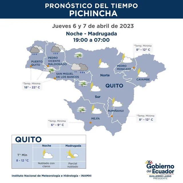 Pronóstico Pichincha Noche-Madrugada de las lluvias en Ecuador de hoy, jueves 6 de abril. Foto: Twitter/Inamhi.