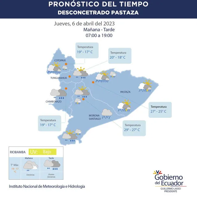 Primer pronóstico de lluvias para la Sierra y Amazonía Centro Sur de Ecuador hoy, jueves 6 de abril. Foto: Twitter/Inamhi.