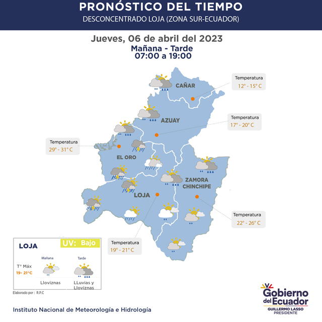 Pronóstico de lluvias en el periodo de mañana a tarde en la zona Sur de Ecuador para hoy, jueves 6 de abril. Foto: Twitter/Inamhi.