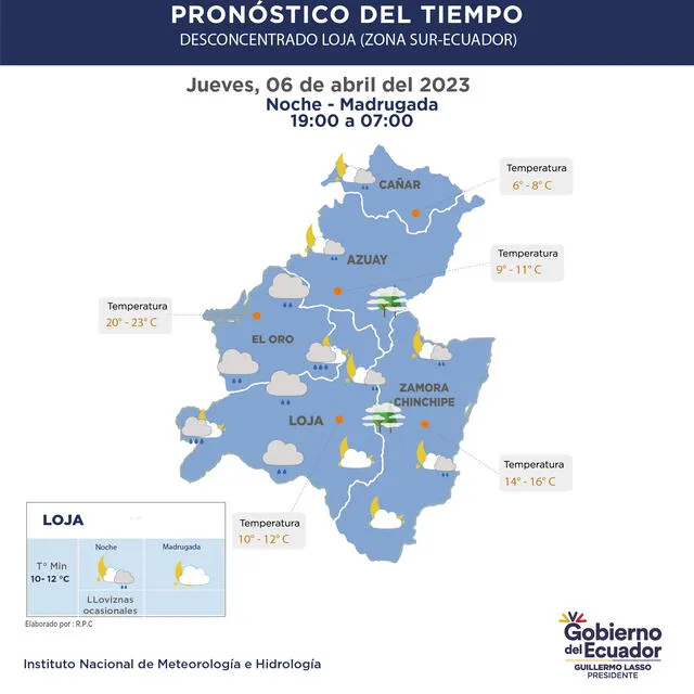 Pronóstico de lluvias en el periodo de noche a madrugada en la zona Sur de Ecuador para hoy, jueves 6 de abril. Foto: Twitter/Inamhi.