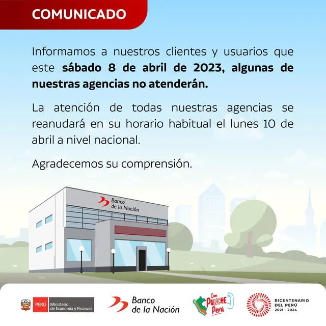 El Banco de la Nación anunció que no todas sus sedes laborarían este sábado. Imagen: Banco de la Nación El Banco de la Nación anunció que no todas sus sedes laborarían este sábado. Imagen: Banco de la Nación