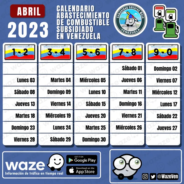 Cronograma de gasolina subsidiada para abril 2023. Foto: Twitter/WazeVen.