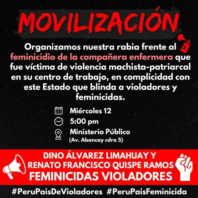 Convocatoria para movilizarse contra el feminicidio de la enfermera que fue víctima de violación grupal en Puno. Foto: Twitter/Manuela Ramos   