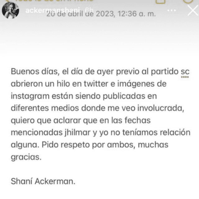 Shaní Ackerman rompe su silencio tras rumores de infidelidad de Jhilmar Lora. Foto: captura de Instagram   