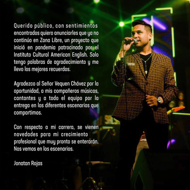  Comunicado de Jonatan Rojas sobre la Orquesta Zona Libre. Foto: Jonatan Rojas/Instagram<br><br>    