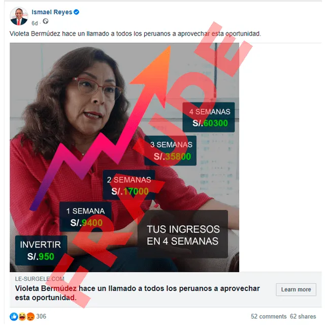  El anuncio fue publicado por la cuenta oficial de Ismael Reyes. Probablemente haya sido hackeada. Foto: captura de Facebook   