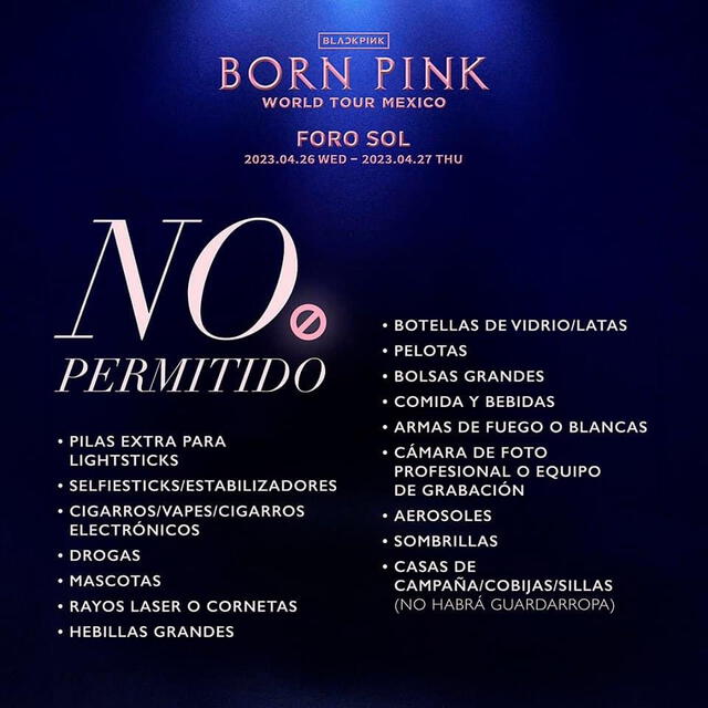 Objetos prohibidos en el concierto de BLACKPINK en México. Foto: Ocesa 