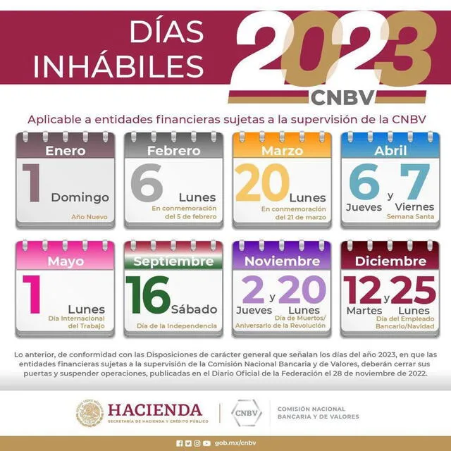 Calendario de los 11 días festivos en los que los bancos no operarán. Foto: Twitter/CNBV Calendario de los 11 días festivos en los que los bancos no operarán. Foto: Twitter/CNBV