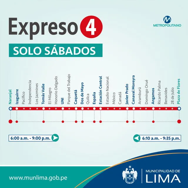  El Expreso 4 operará en horario especial este lunes 1 de mayo. Foto: ATU   