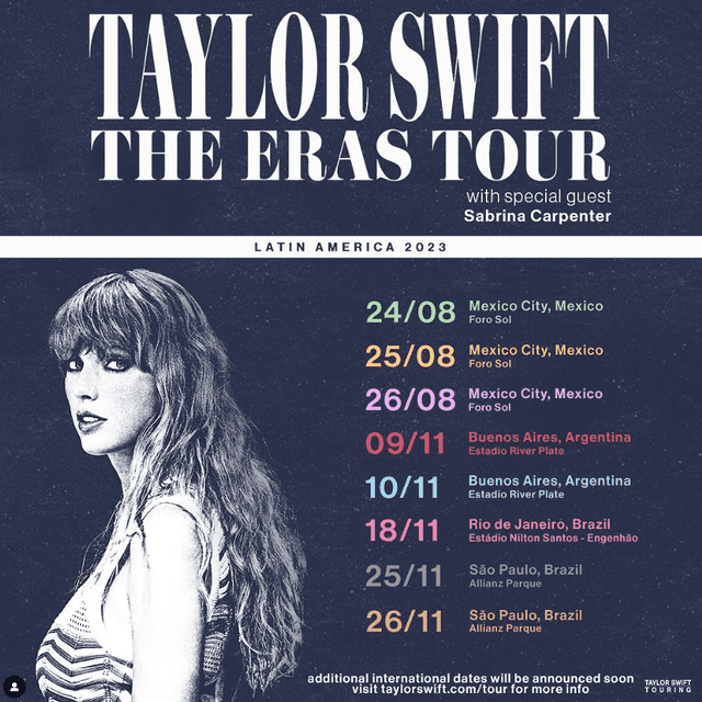 Países y fechas en las que arribará Taylor Swift. Foto: Instagram   