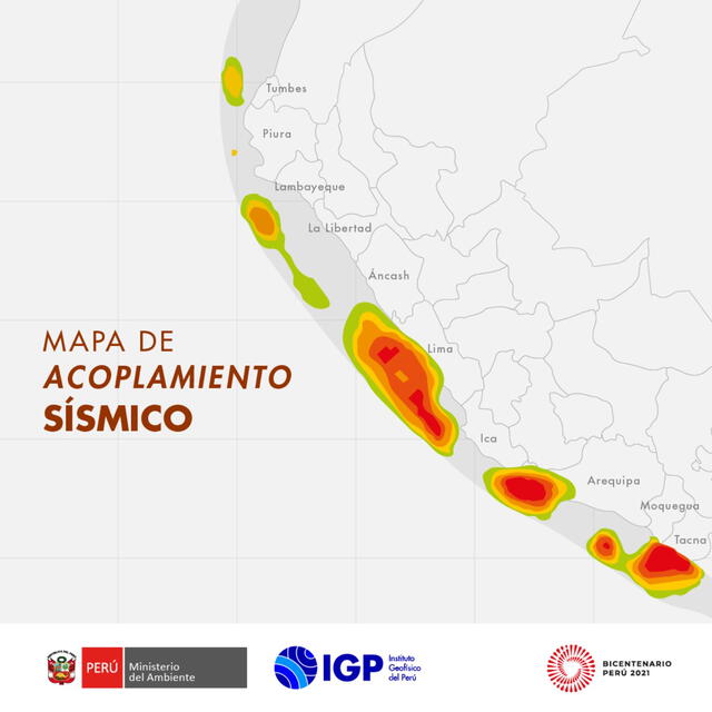  Mapa de acoplamiento sísmico a lo largo de la costa peruana. Foto: IGP   