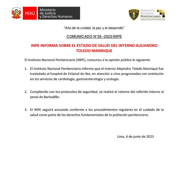 Comunicado del INPE sobre el traslado de Alejandro Toledo al Hospital de Ate Vitarte. Foto: Twitter/INPE   