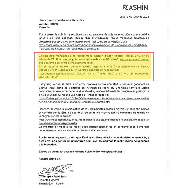  La SBS también descartó que Trustek haya colaborado en la elaboración de la relación de préstamos informales con la que ellos cuentan.    