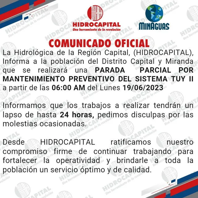 Hidrocapital anuncia corte de agua por 24 horas. Foto: HidroCapital2/ Twitter   