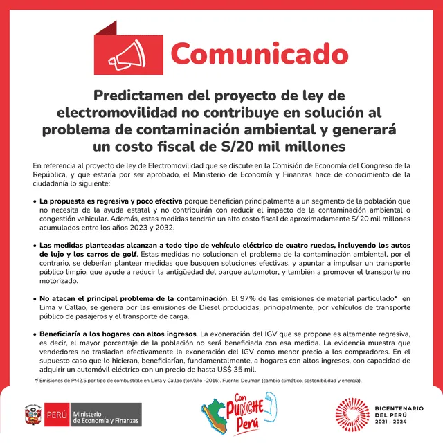 Comunicado del MEF sobre proyecto de ley de electromovilidad. Foto: MEF   