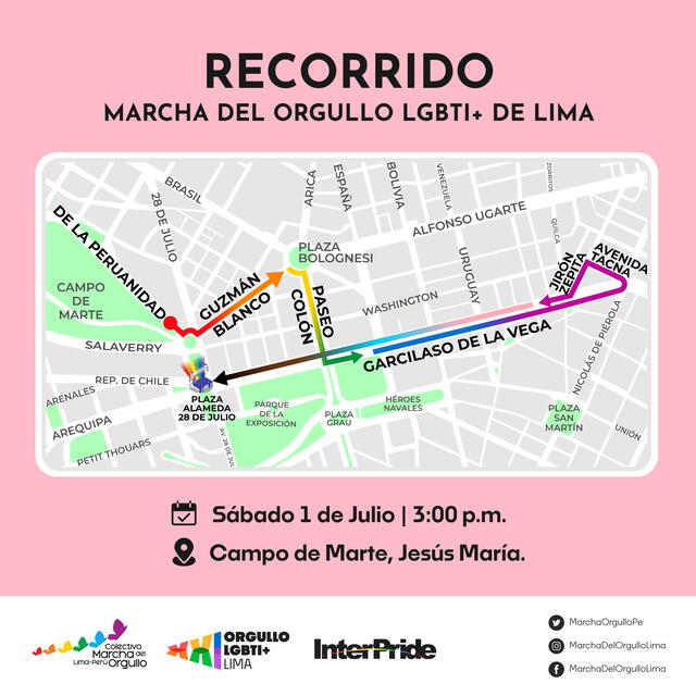  Este es el recorrido para la movilización en Lima por el Día del Orgullo 2023. Foto: Facebook/MarchadelOrgulloLima    