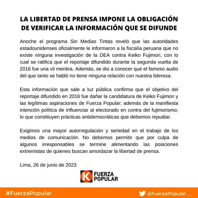 Comunicado de Fuerza Popular difundido mediante las redes sociales. Foto: Twitter/Fuerza Popular   