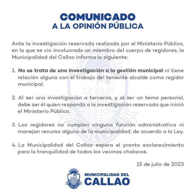  Comunicado de la Municipalidad del Callo deslindándose del caso César Pérez. Foto: Twitter/@municallao   