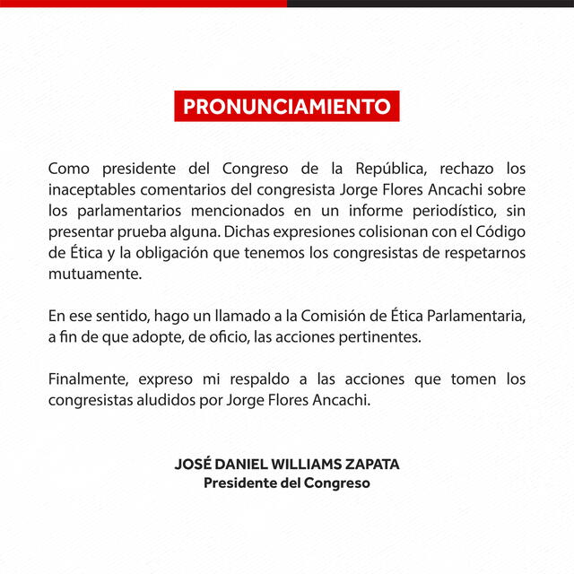  El saliente presidente del Congreso rechazó las declaraciones de Ancachi. Foto: José Williams/Twitter   
