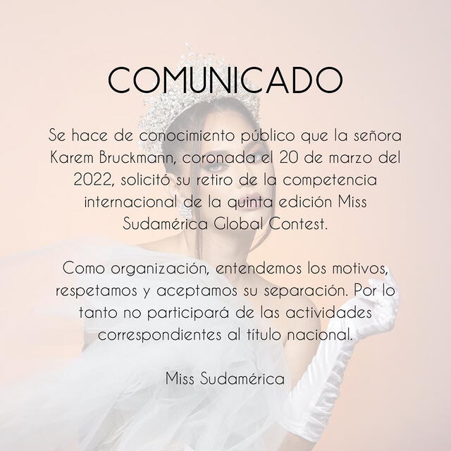  25.6.2023 | Comunicado de la organización Miss Sudamérica sobre Karem Brückmann. Foto: Miss Sudamérica Perú/Instagram<br><br>    