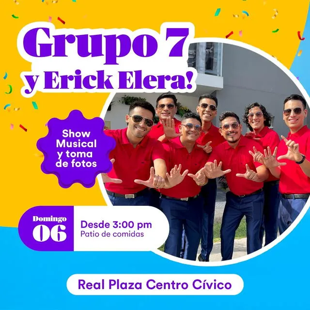 Grupo 7 y Erick Elera en concierto. Foto: Real Plaza/Facebook 