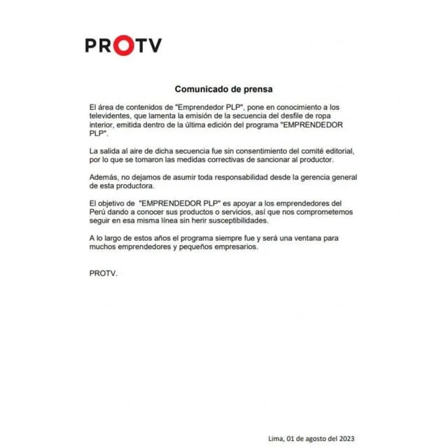  Comunicado de Pro TV con respecto a la polémica en "Emprendedor Ponte Las Pilas". Foto: Instagram/emprendedor_plp 