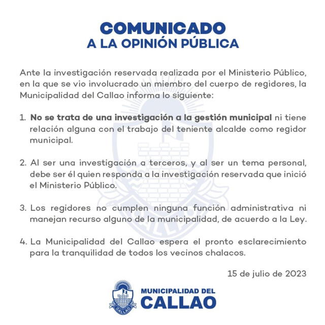 Comunicado de la Municipalidad del Callo en el que se deslinda del caso César Pérez. Foto: captura/@municallao/Twitter 