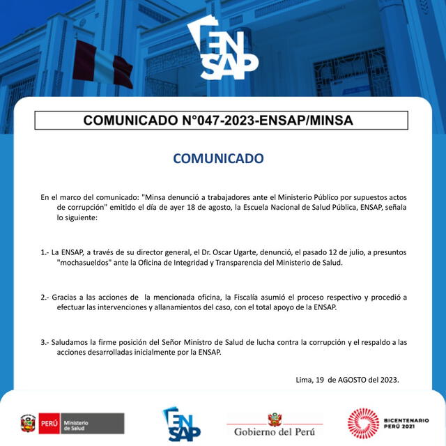 Comunicado de la Ensap. Foto: Ensap   