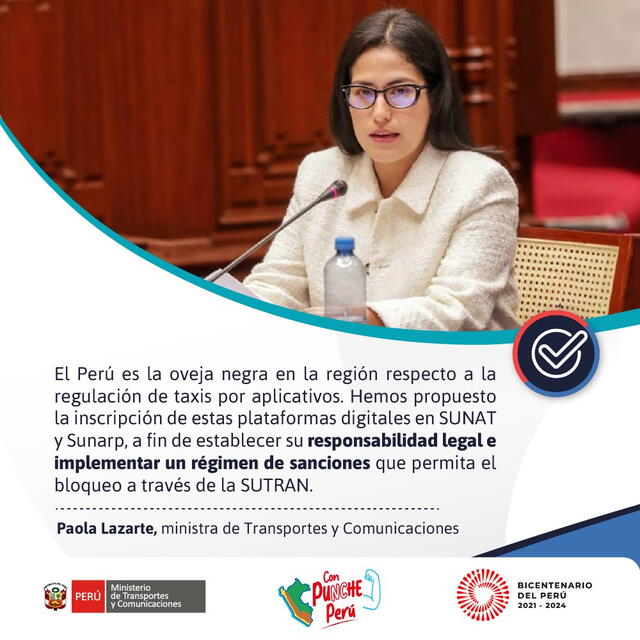 Paola Lazarte, ministra del MTC, presentó propuesta para regular taxis por aplicativo. Foto: MTC   