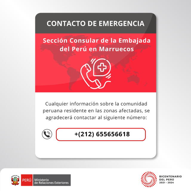  Contacto de emergencia cancillería de Perú. Foto: @CancilleriaPeru/Twitter    