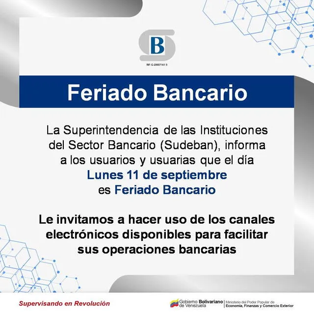 Anuncio de la Sudeban con respecto al lunes bancario del 11 de septiembre. Foto: X/Sudebaninforma Anuncio de la Sudeban con respecto al lunes bancario del 11 de septiembre. Foto: X/Sudebaninforma