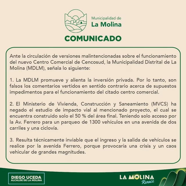  Comunicado de la Municipalidad de la Molina. Foto: Municipalidad de la Molina   