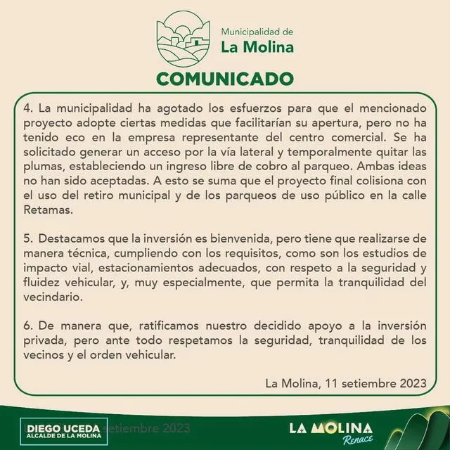  Segunda parte del comunicado de la Municipalidad de La Molina. Foto: Municipalidad de La Molina   