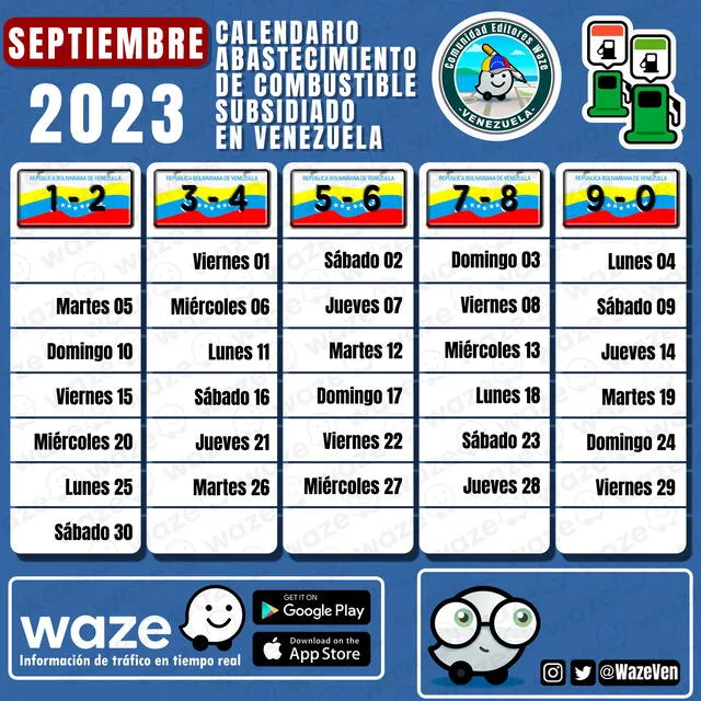 Cronograma de gasolina subsidiada en Venezuela. Foto: Waze Venezuela/Facebook